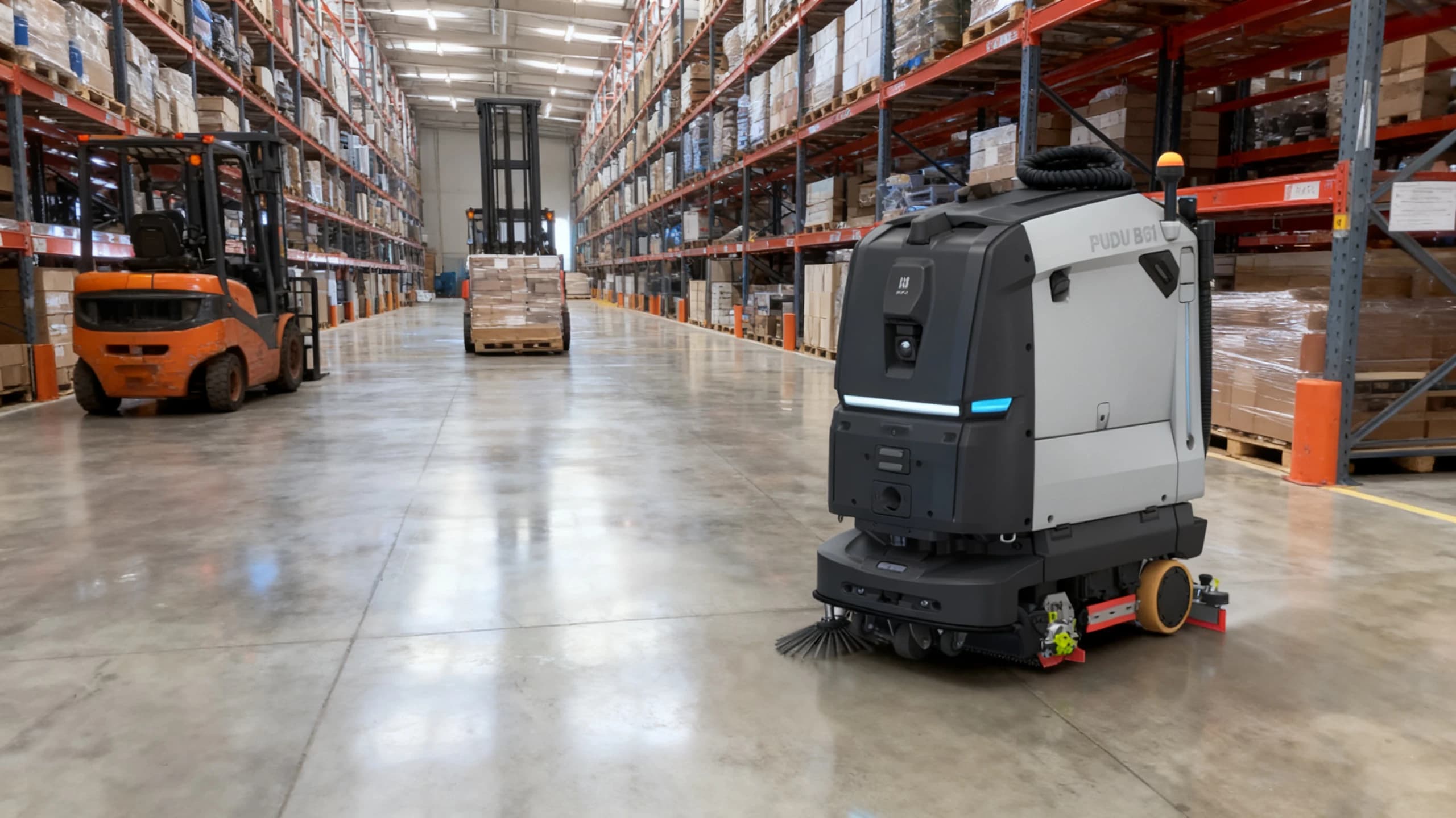 A Pudu BG1 autonomous floor scrubber cleaning a warehouse aisle